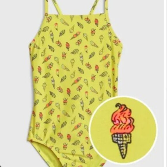 Gap Kids Brand Size Large Yellow Ice Cream Print One Piece Swimsuit - Picture 1 of 4